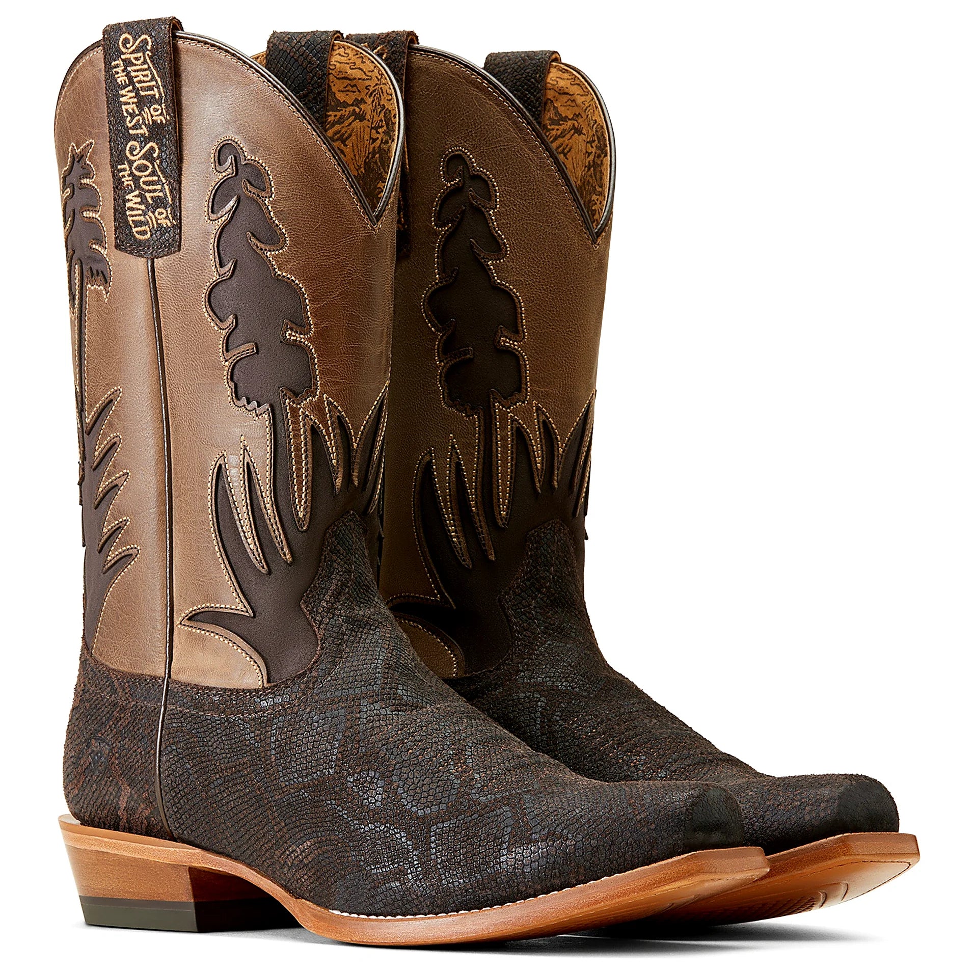 Square toe boot with a textured chocolate finish