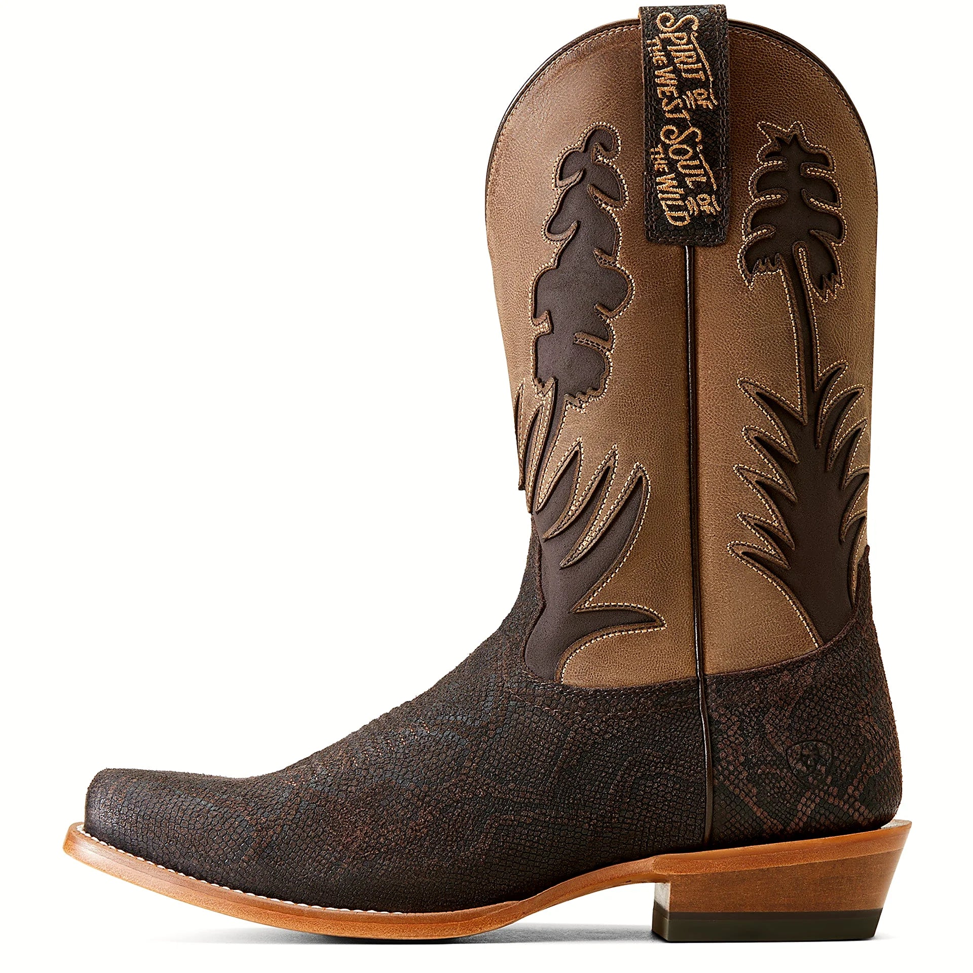 Brown printed square toe western boot