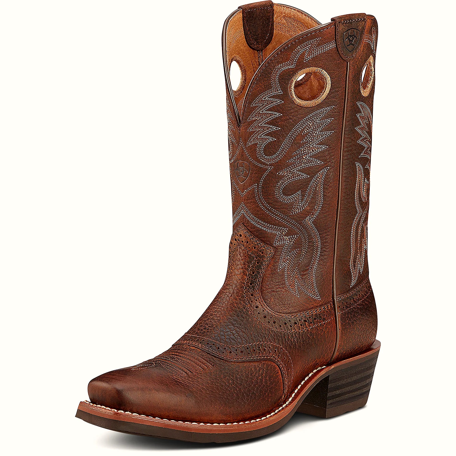 Cowboy boot with a six row stitch pattern and embroidery