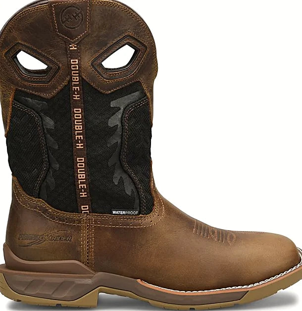 Work boot with a leather vamp and lightweight textile shaft