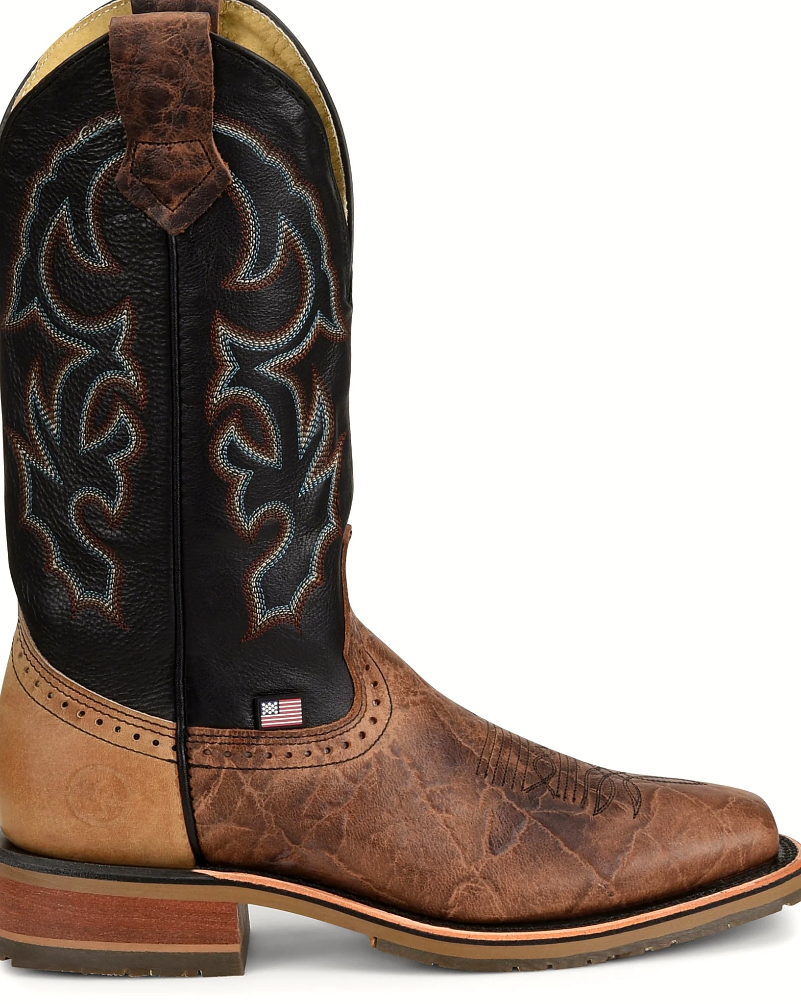 Twelve inch boot with a black quarter and cognac vamp