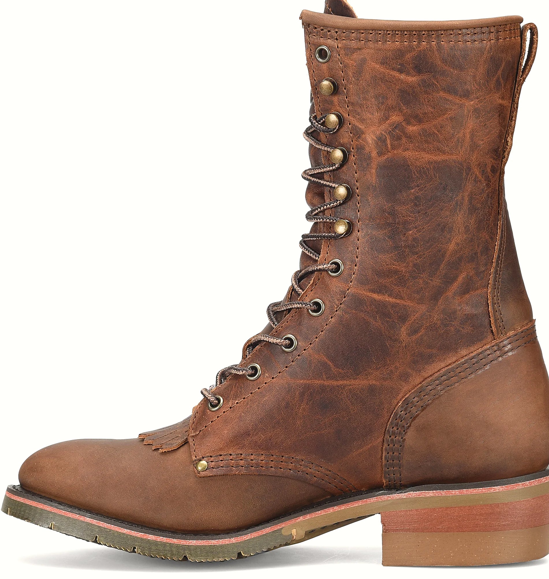 Brown nine inch packer boot with a U toe
