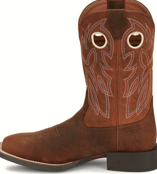 Brown wide square toe western boot with round pull holes