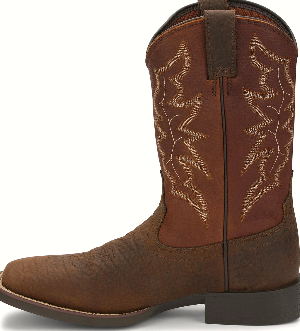 Brown stonewashed cowboy boot with a square toe