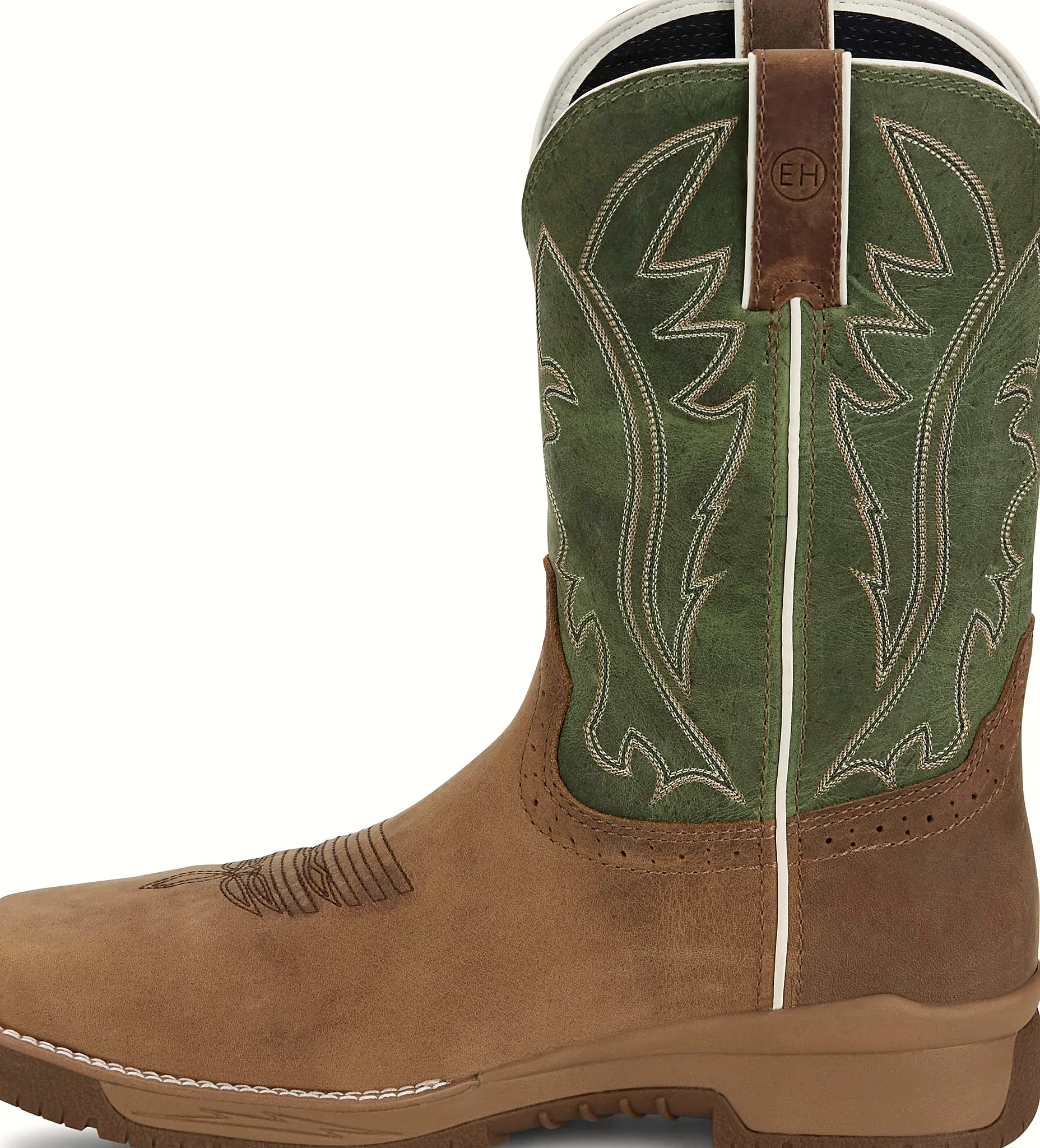 Green pull-on work boot with a nano composite safety toe