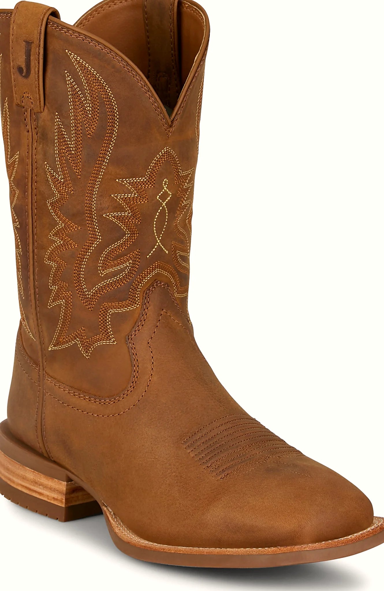 Square toe boot with a low block heel