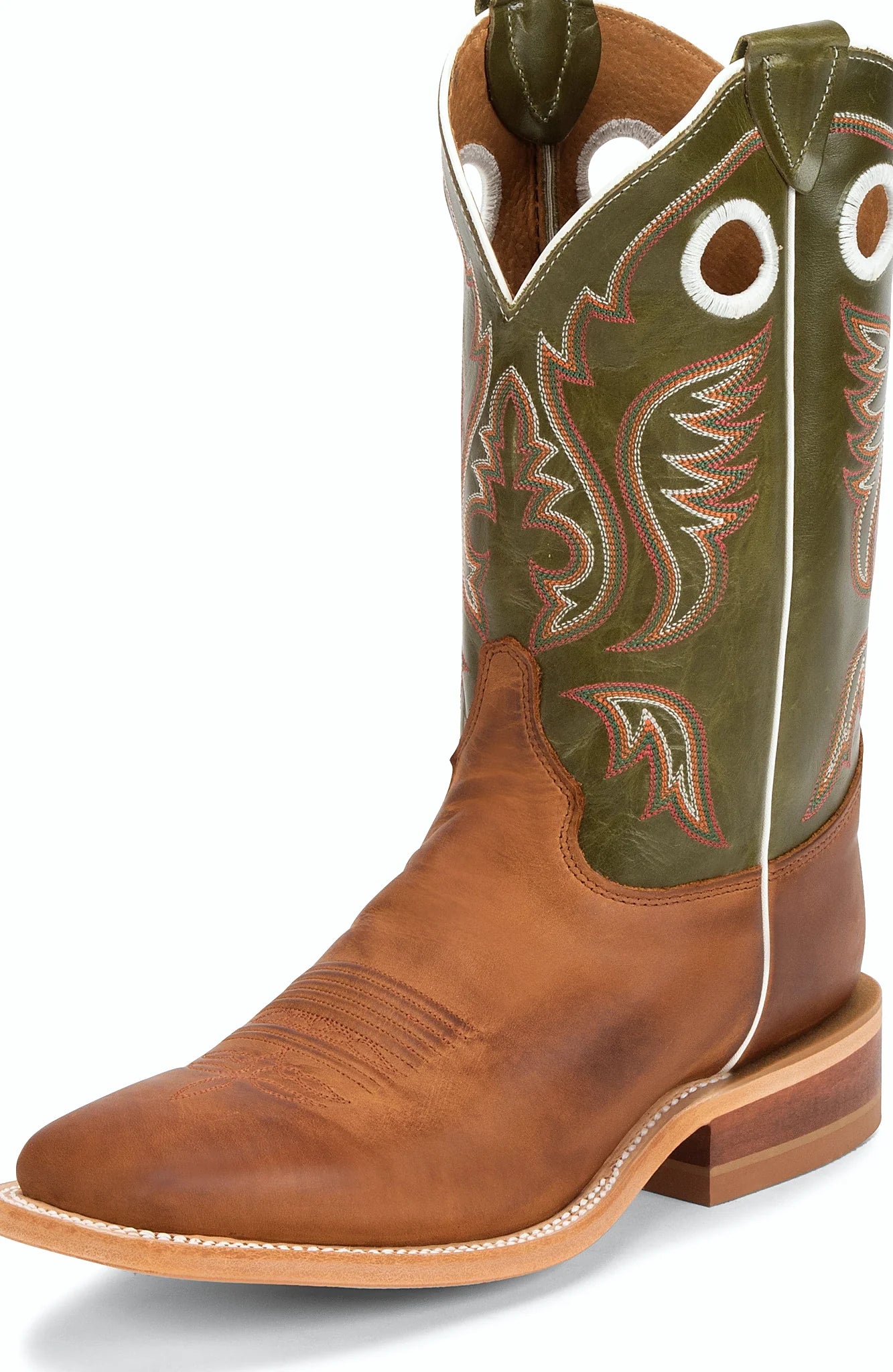 Eleven inch boot with a block heel and leather outsole