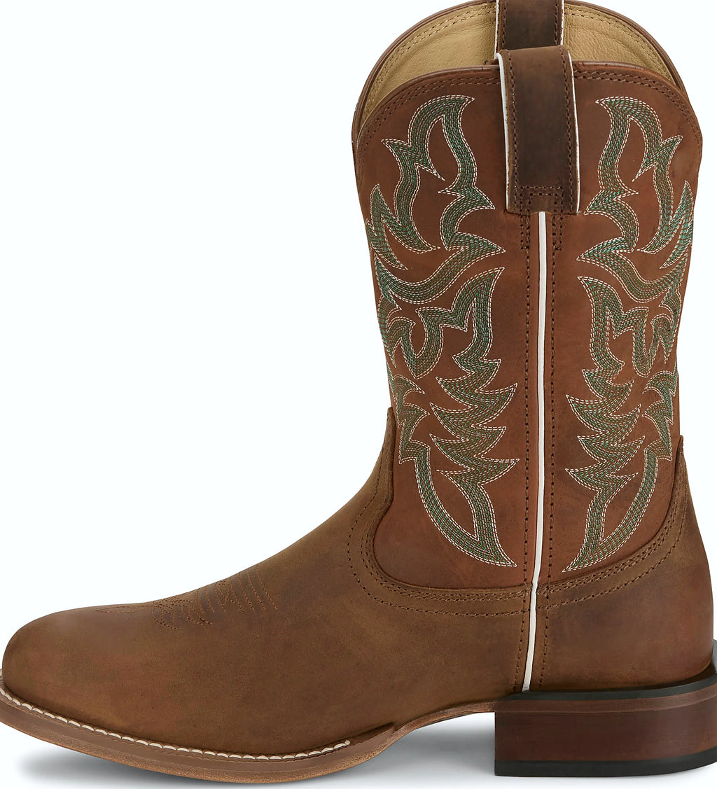 Brown and black round toe cowboy boot