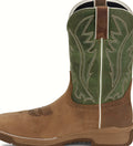 Green pull-on work boot with a nano composite safety toe