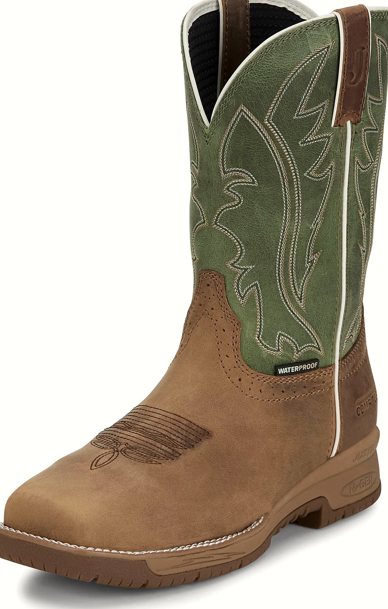 Waterproof green work boot with a square toe shape