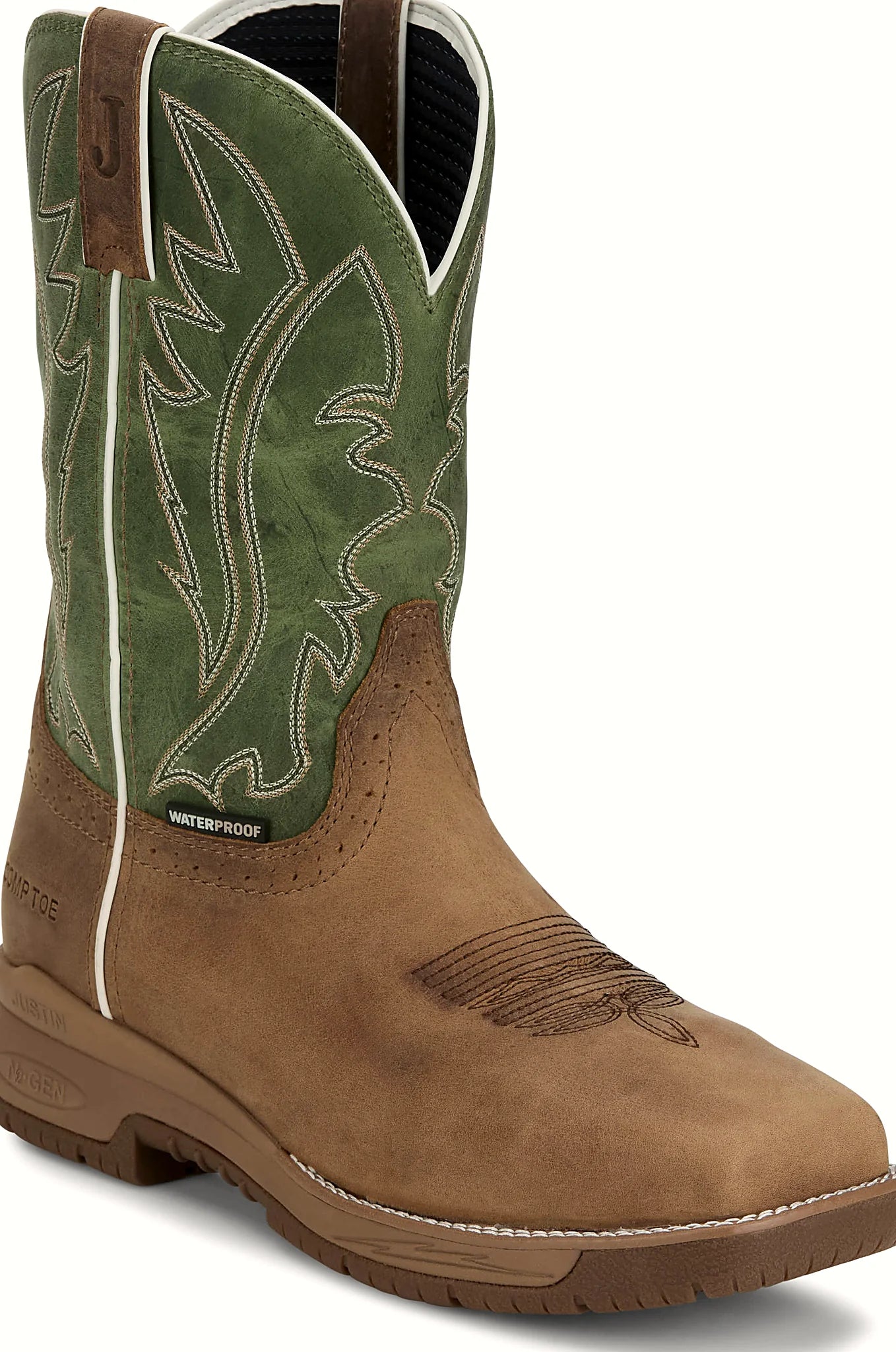 Green work boot with an oil and slip resisting rubber outsole