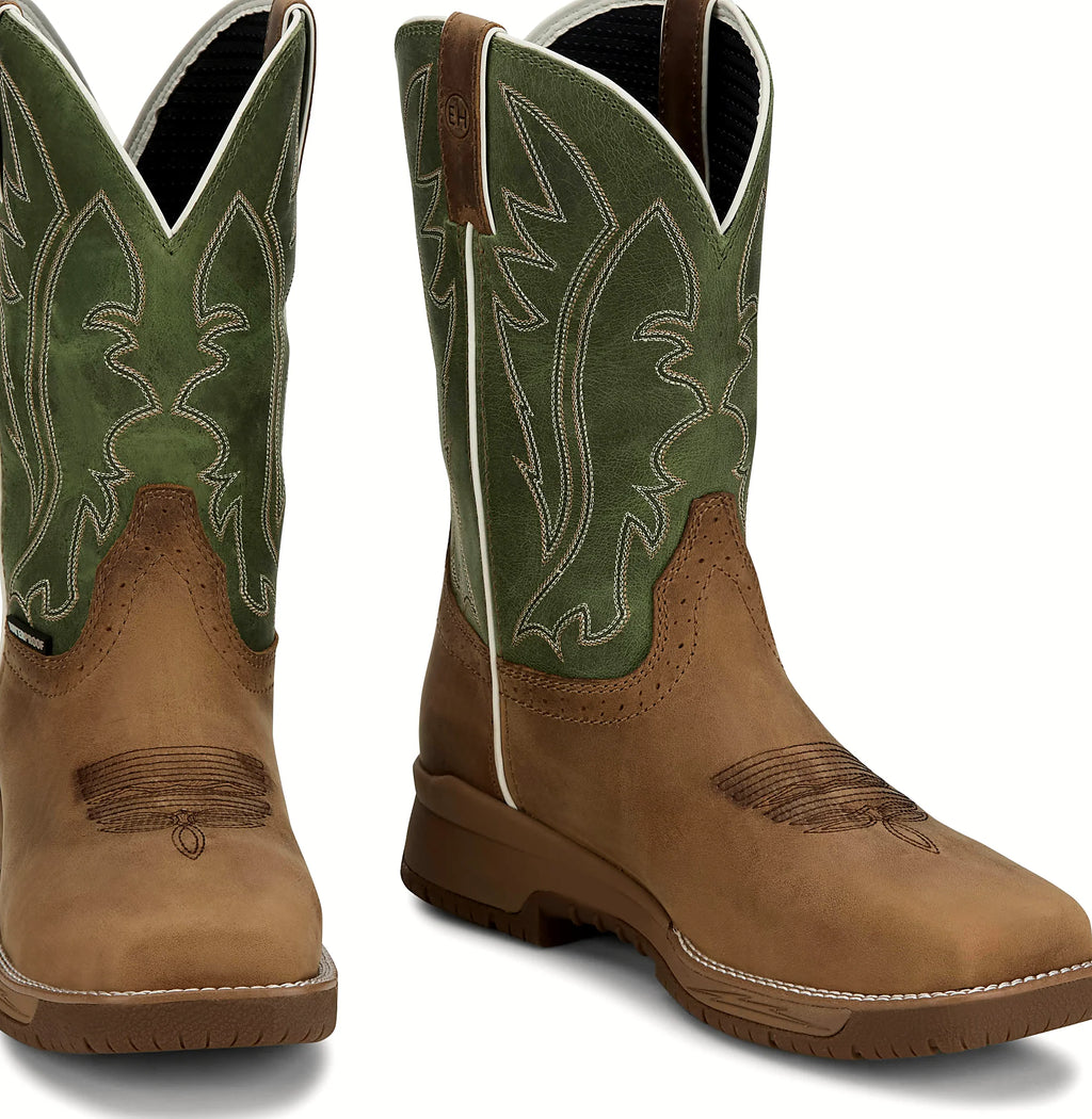Green full-grain leather work boot with a woven lining