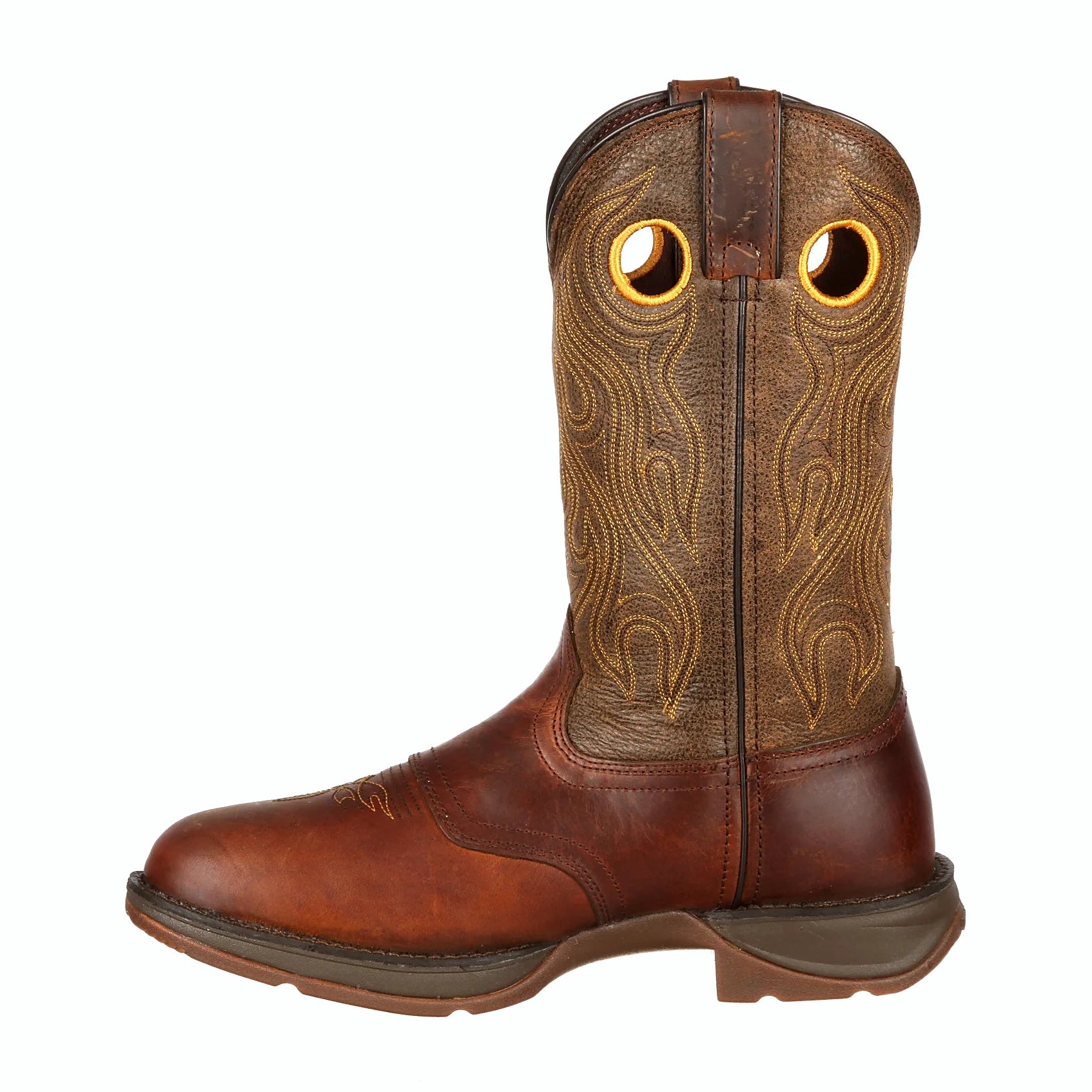Brown western boot with yellow embroidery on the shaft