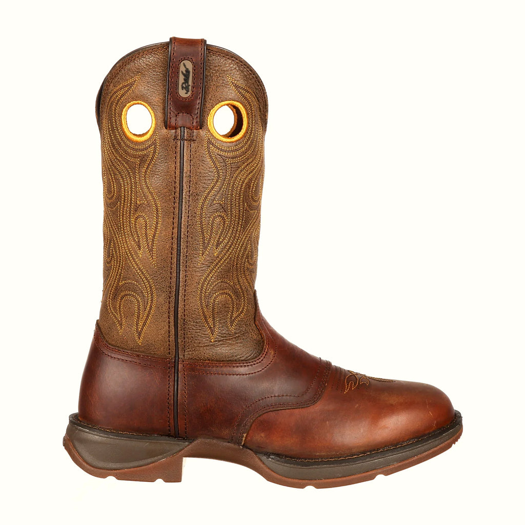 Brown round toe saddle boot with pull holes and pull loops
