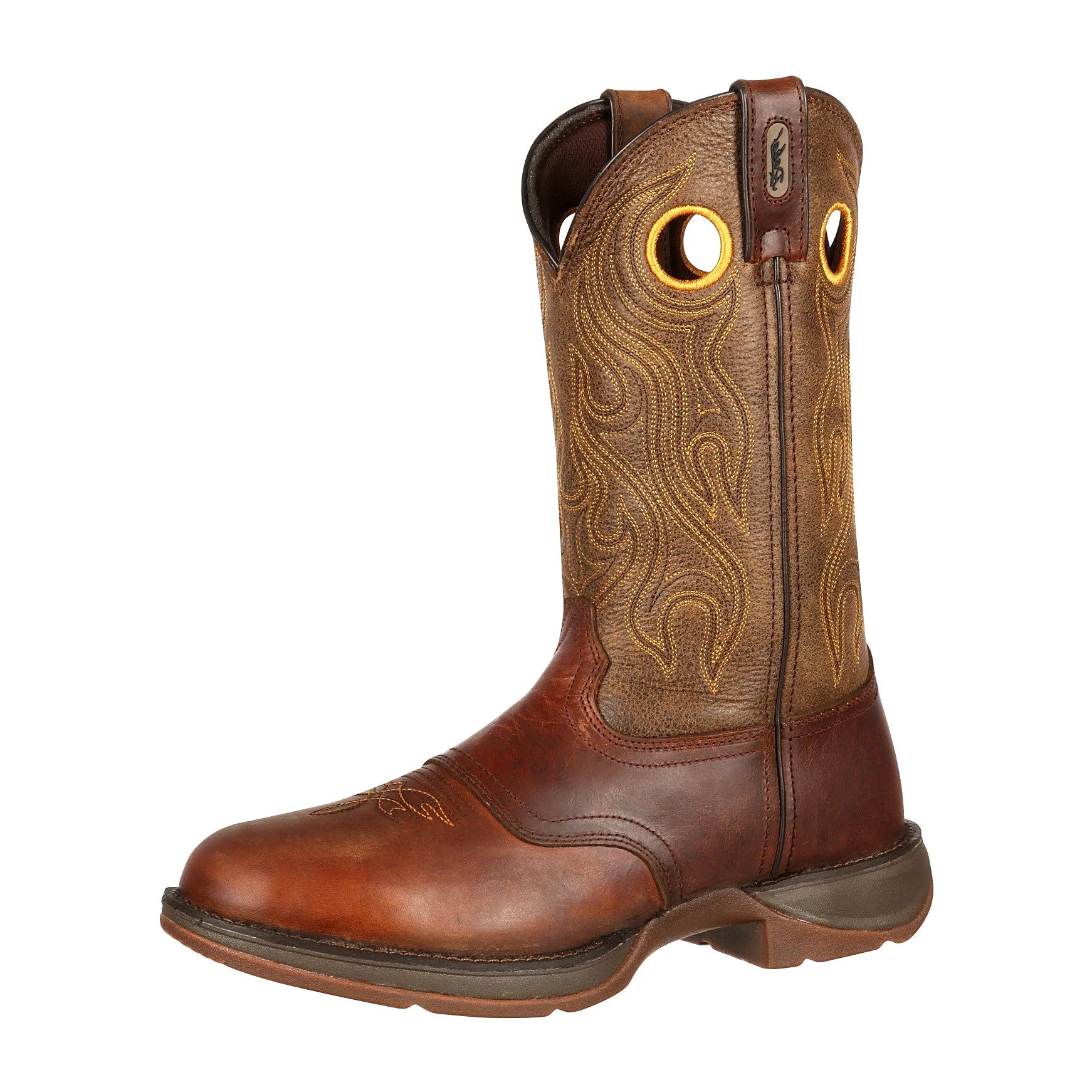 Distressed brown western boot with a low rebel heel