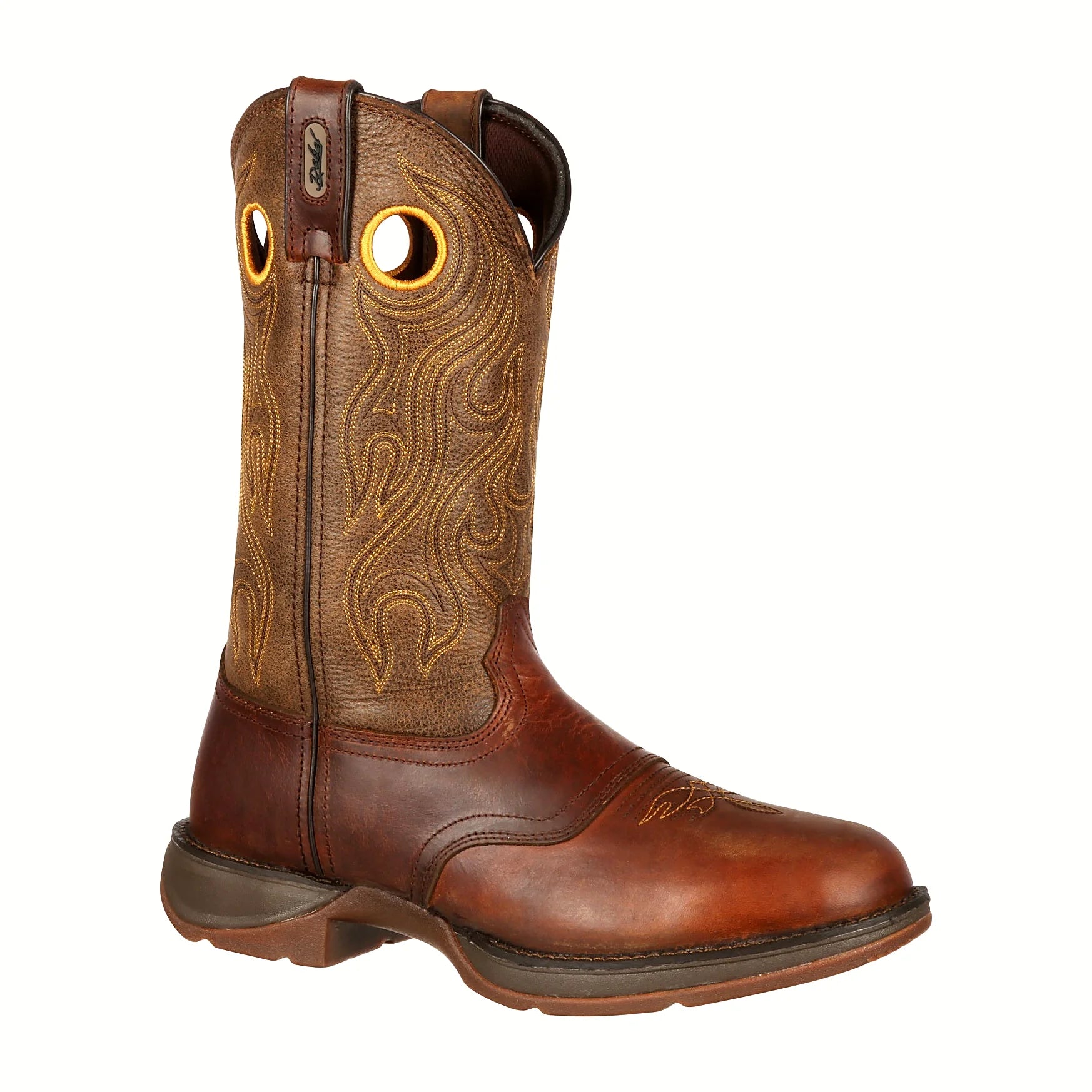 Brown pull-on boot with two rows of welt stitching
