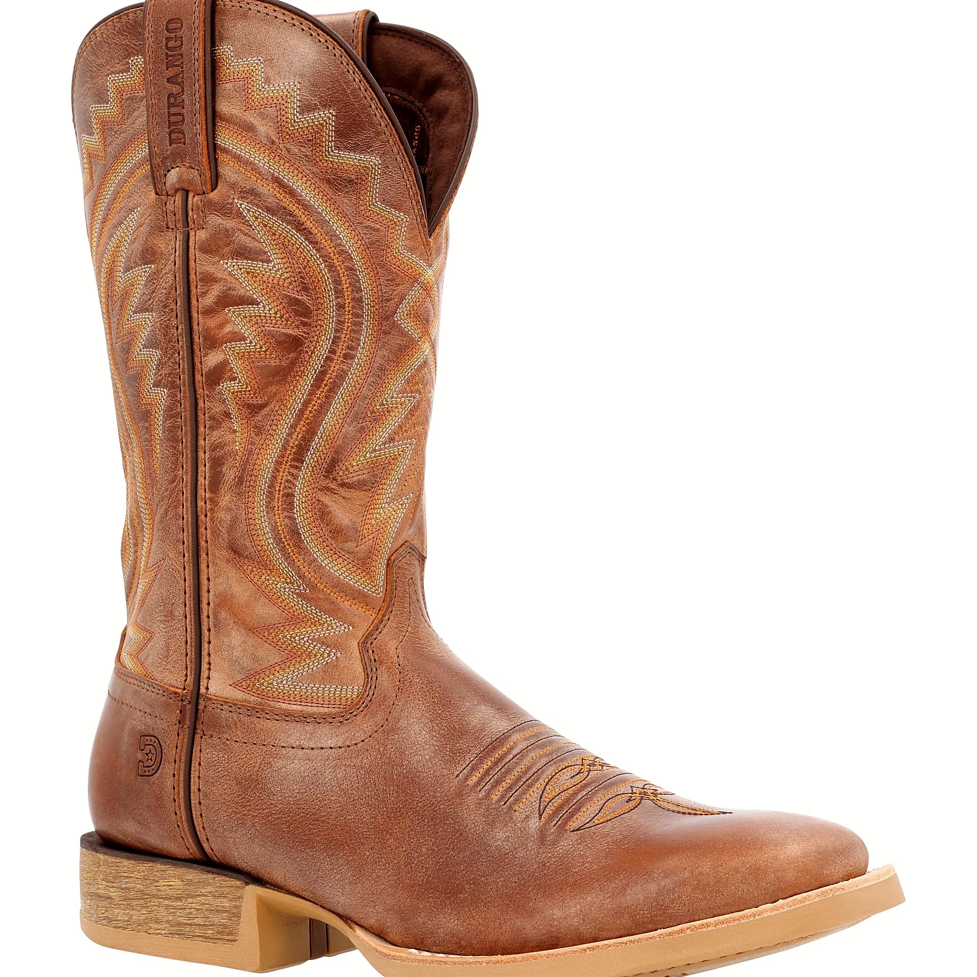 Tan boot with a rocker heel and ABS heel base