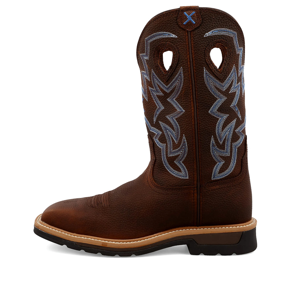 Brown pebble western work boot with a steel safety toe