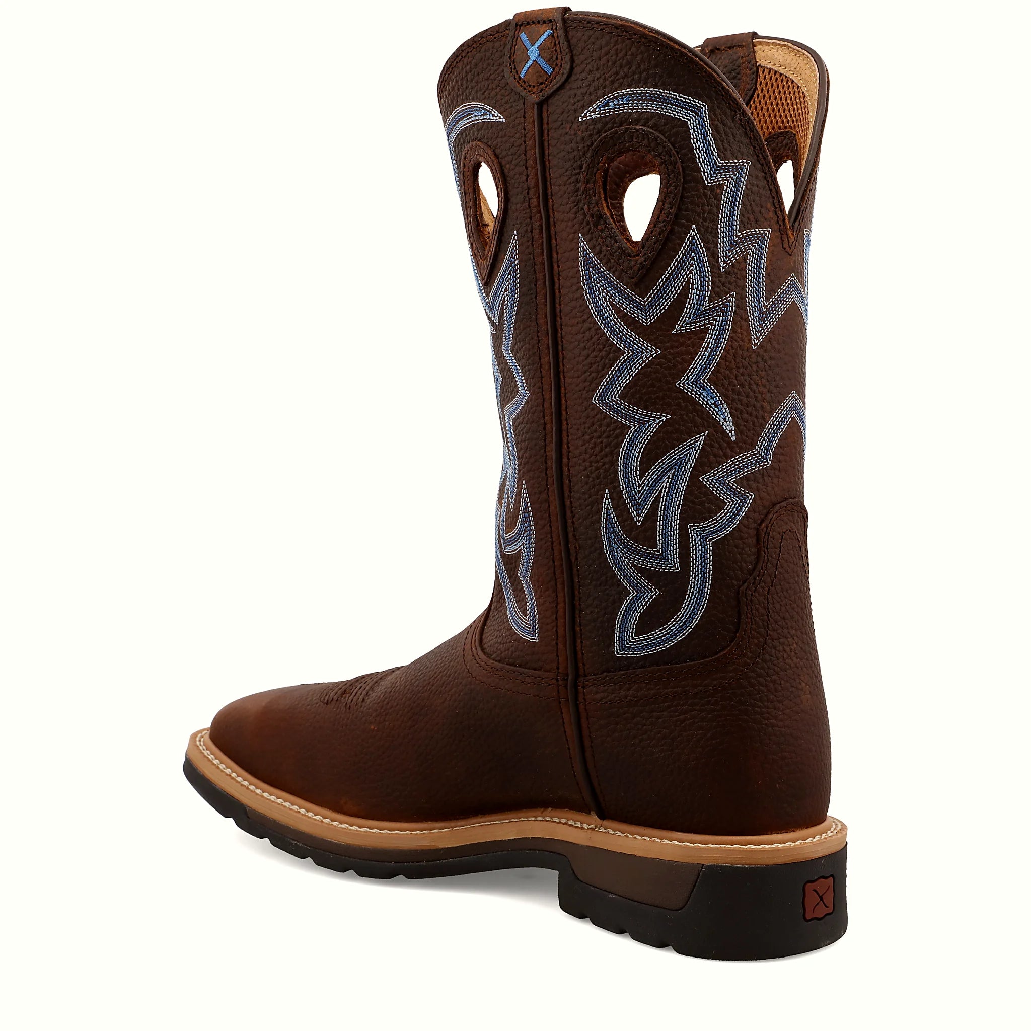 Twelve inch brown work boot with a square toe and block heel