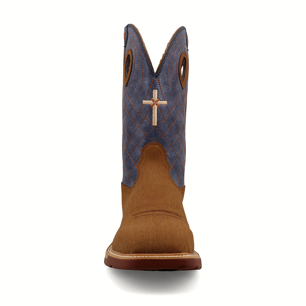 Twelve inch work boot with a square toe and block heel