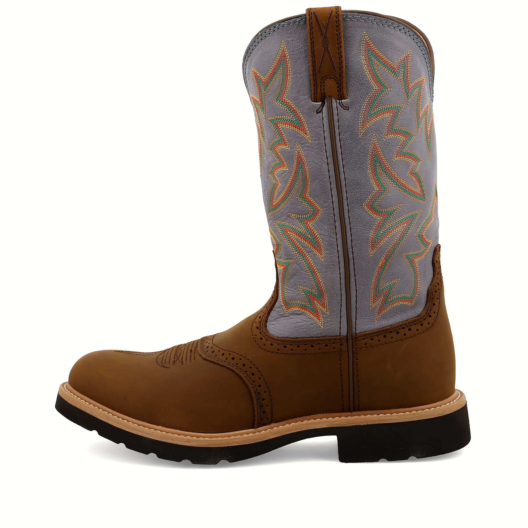 Distressed saddle and denim western work boot