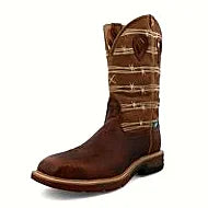 Distressed saddle and peacock work boot with a square toe