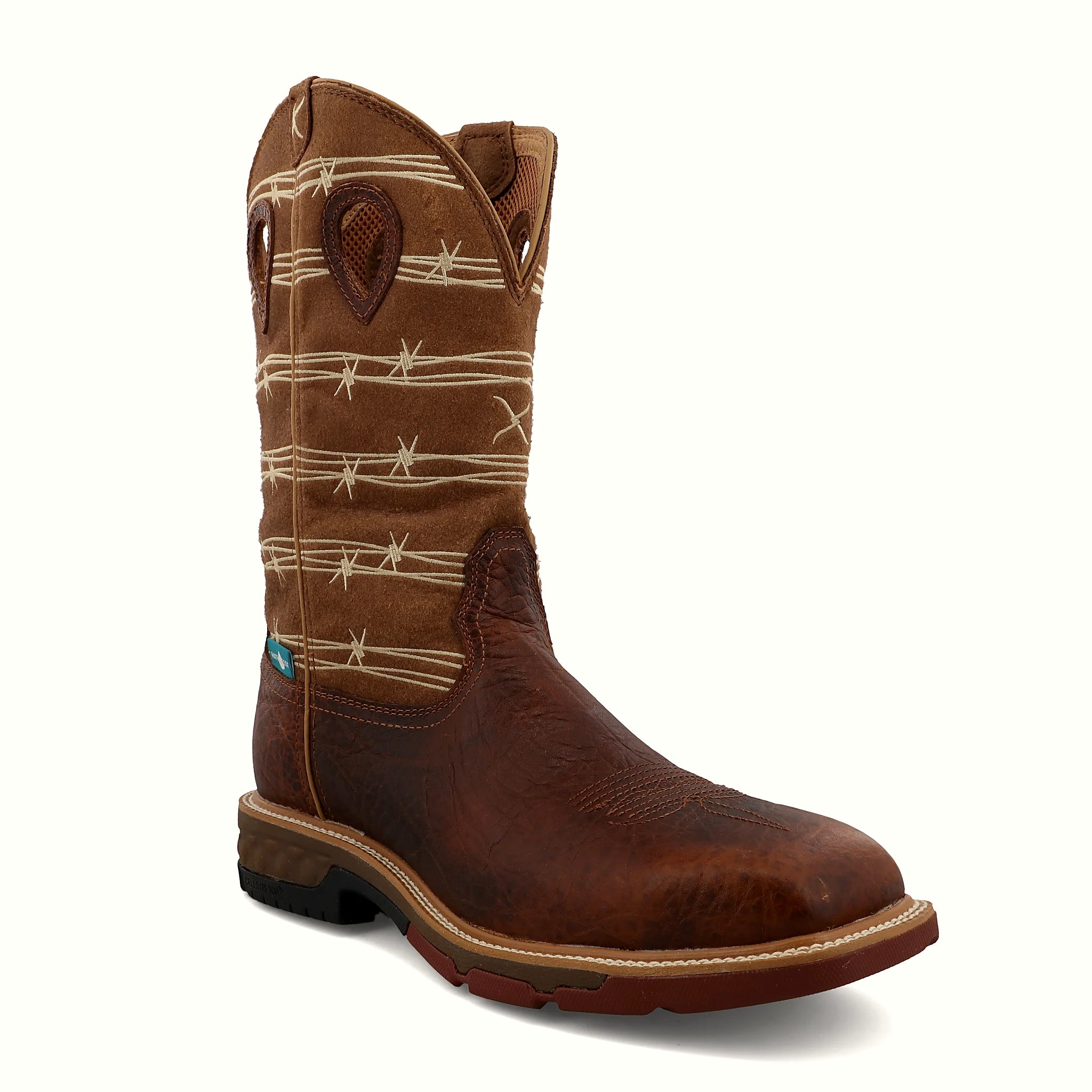 Work boot with a double-stitched storm welt and block heel