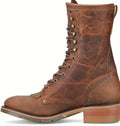 Brown nine inch packer boot with a U toe