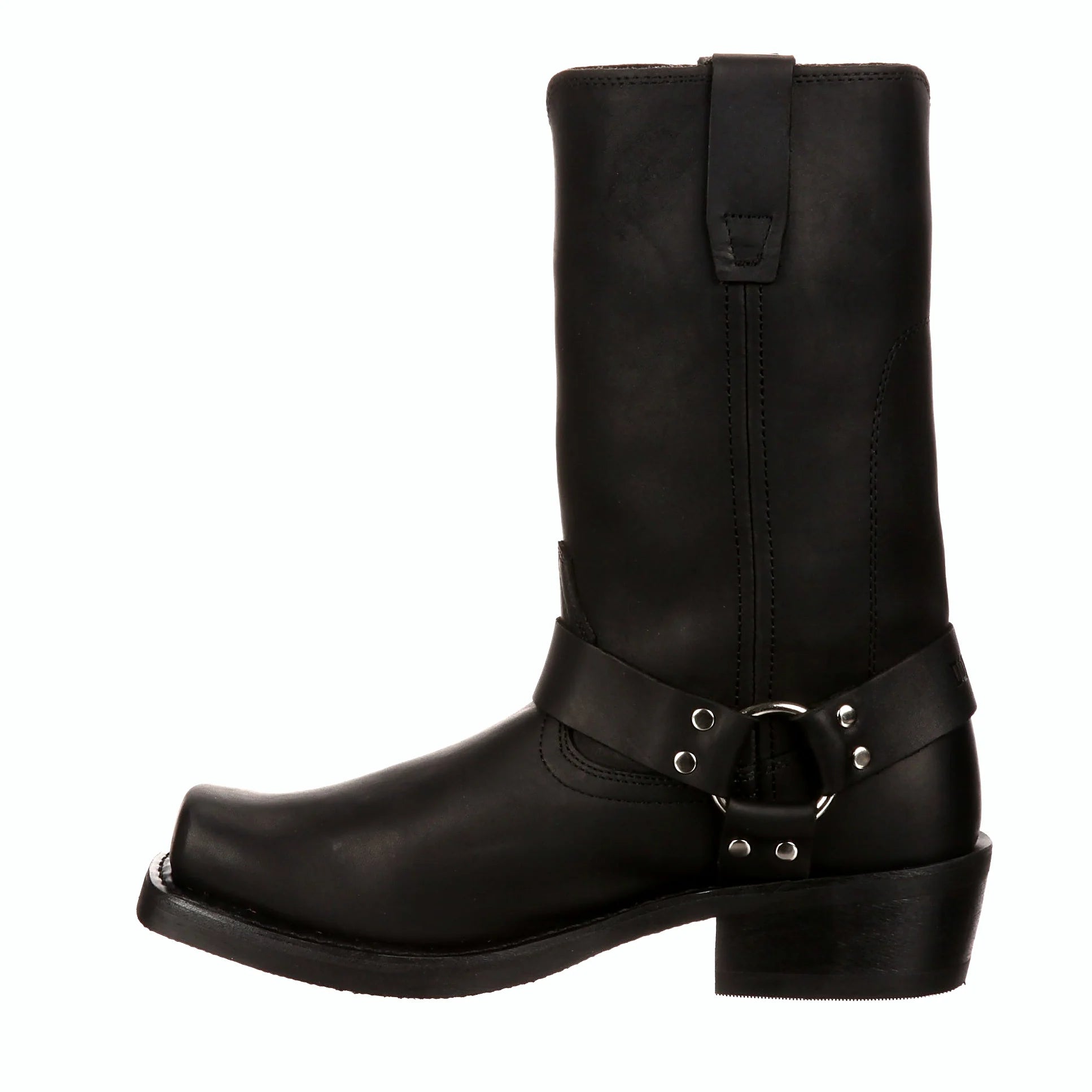 Black harness boot with antiqued metal hardware