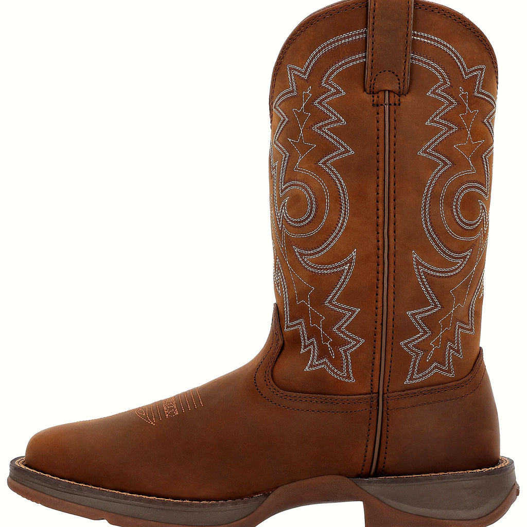 Distressed brown round toe pull-on western boot