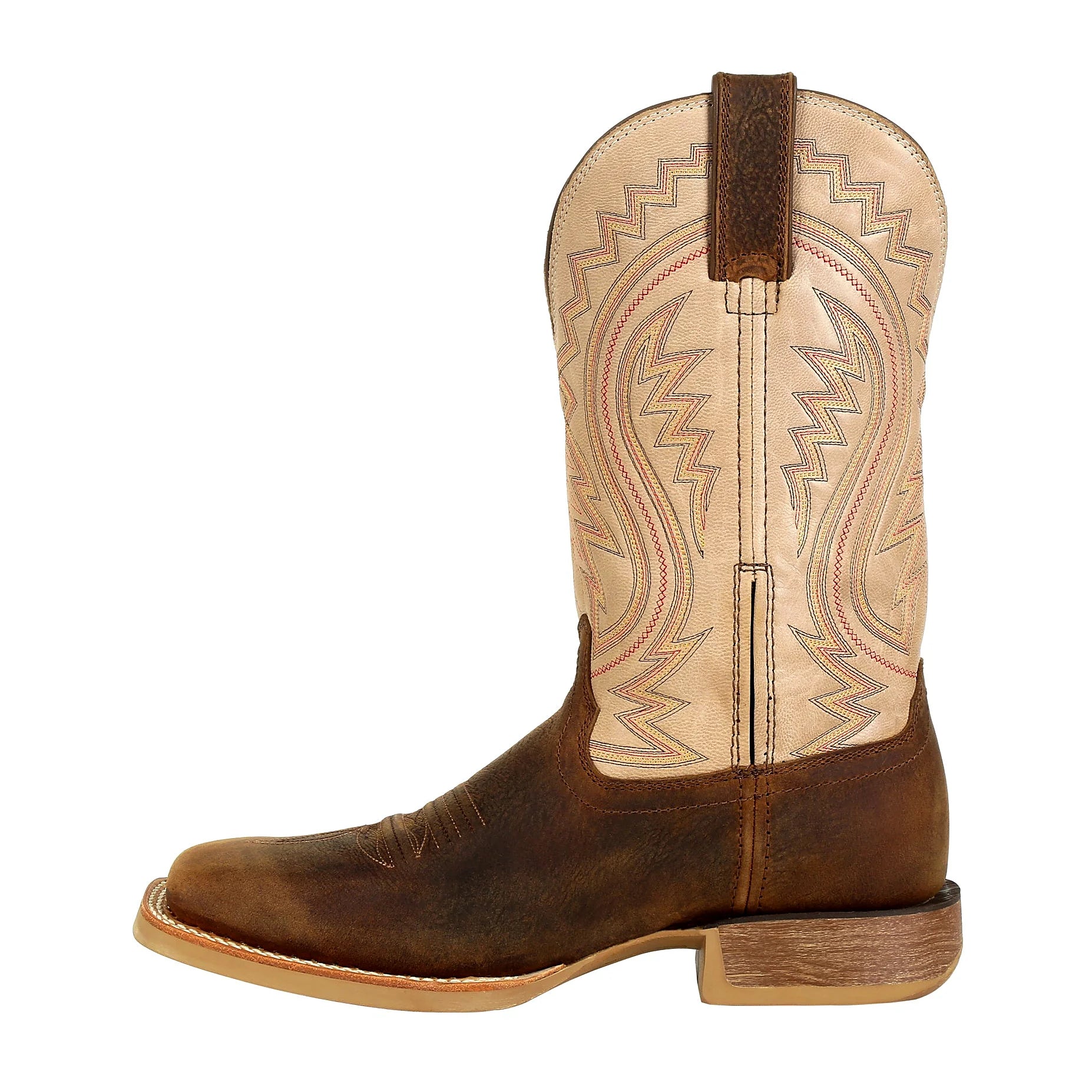 Brown square toe western boot with a layered build