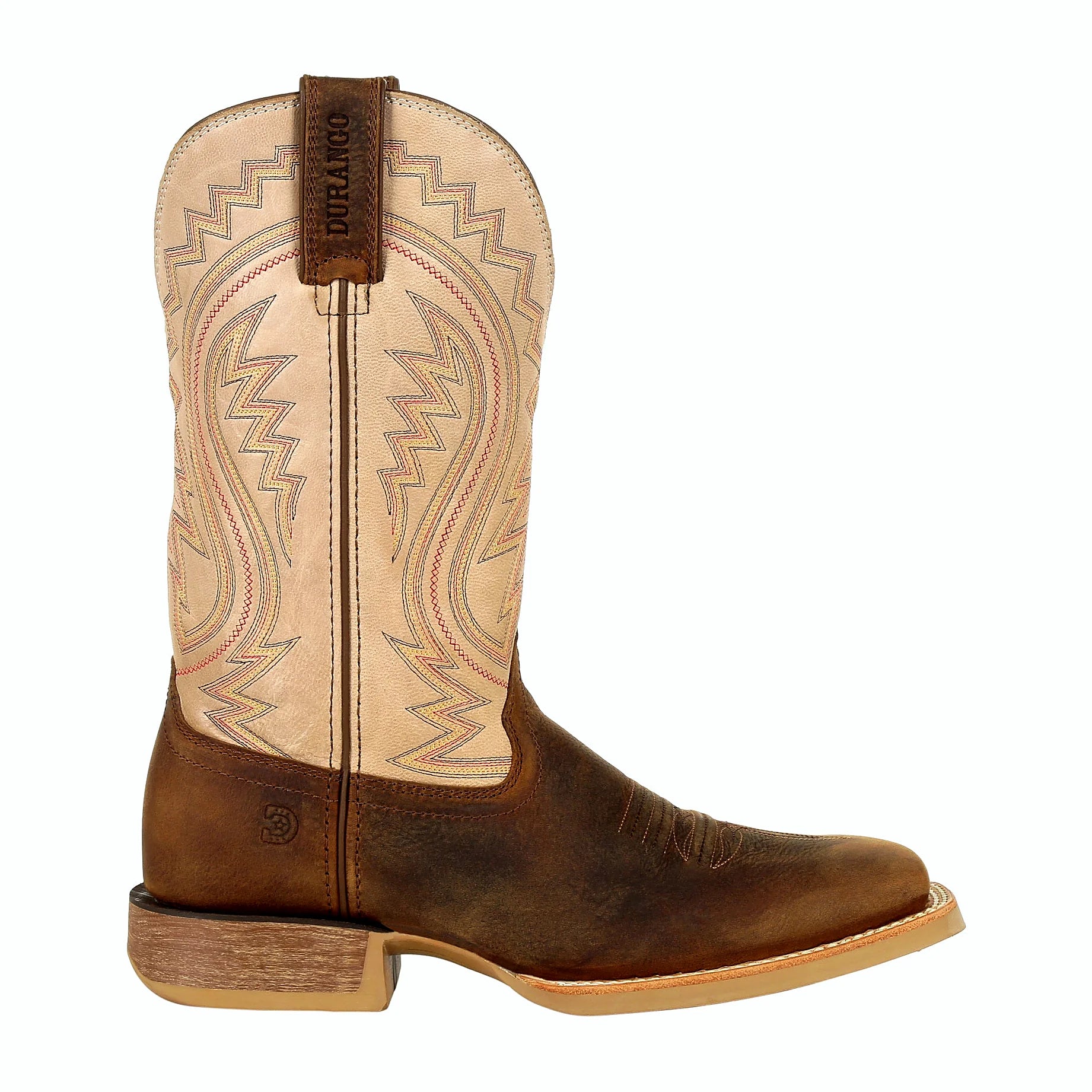 Brown boot with a rocker heel and rolled shank area