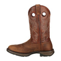 Brown round toe western boot with a saddle vamp