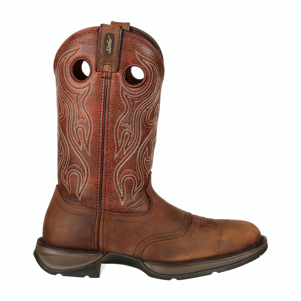 Brown western boot with a single row sole stitch