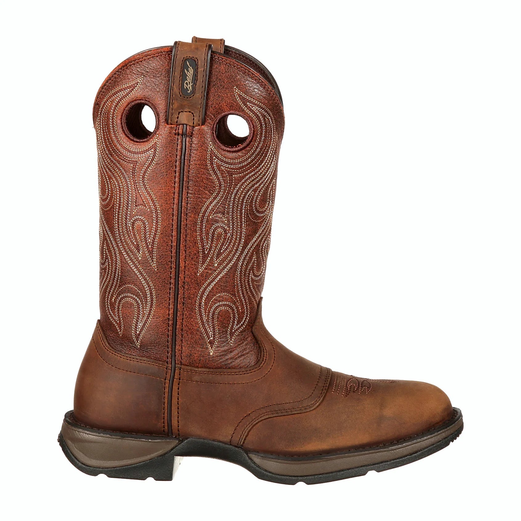 Brown western boot with a single row sole stitch