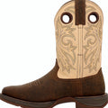 Brown square toe western boot with a steel shank