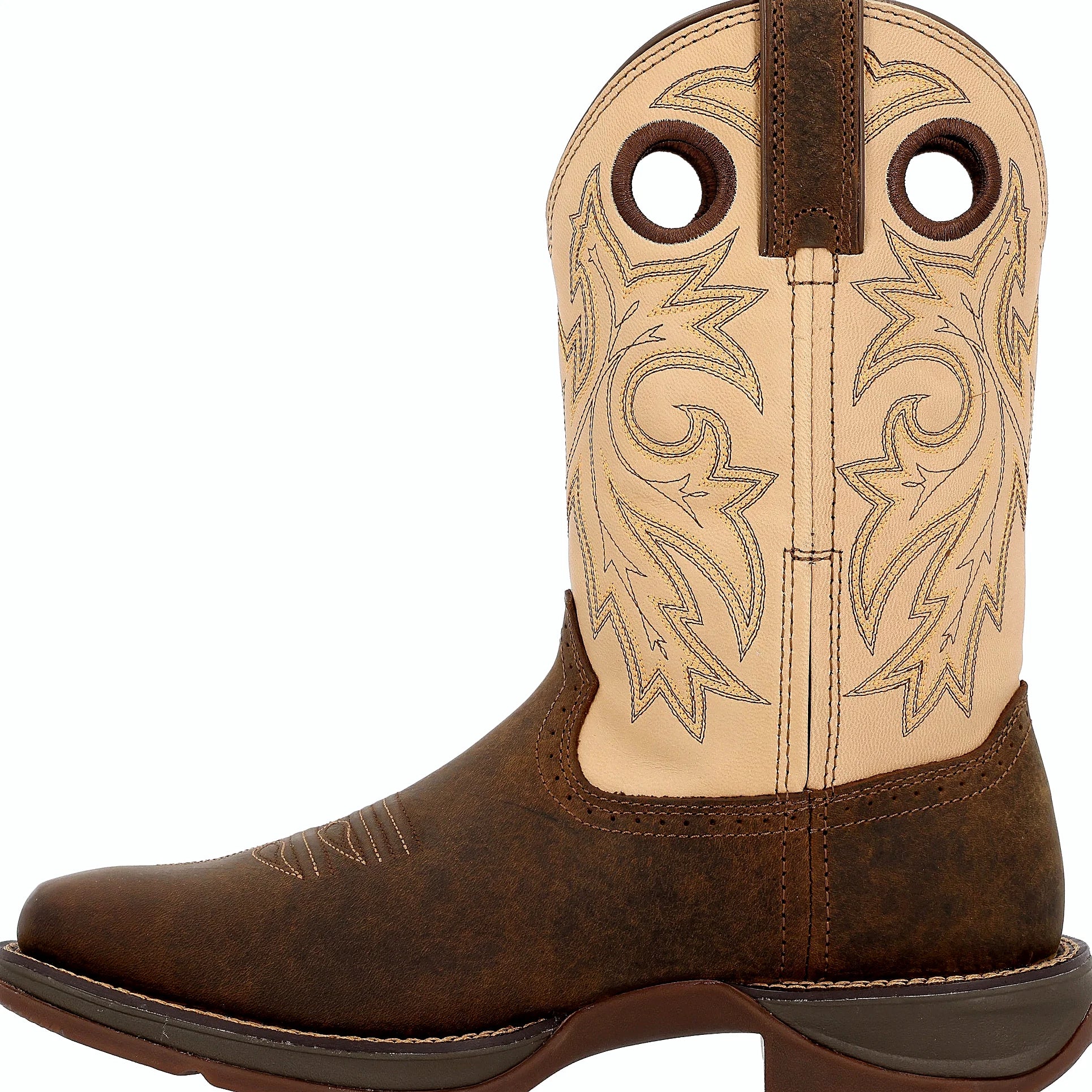 Brown square toe western boot with a steel shank