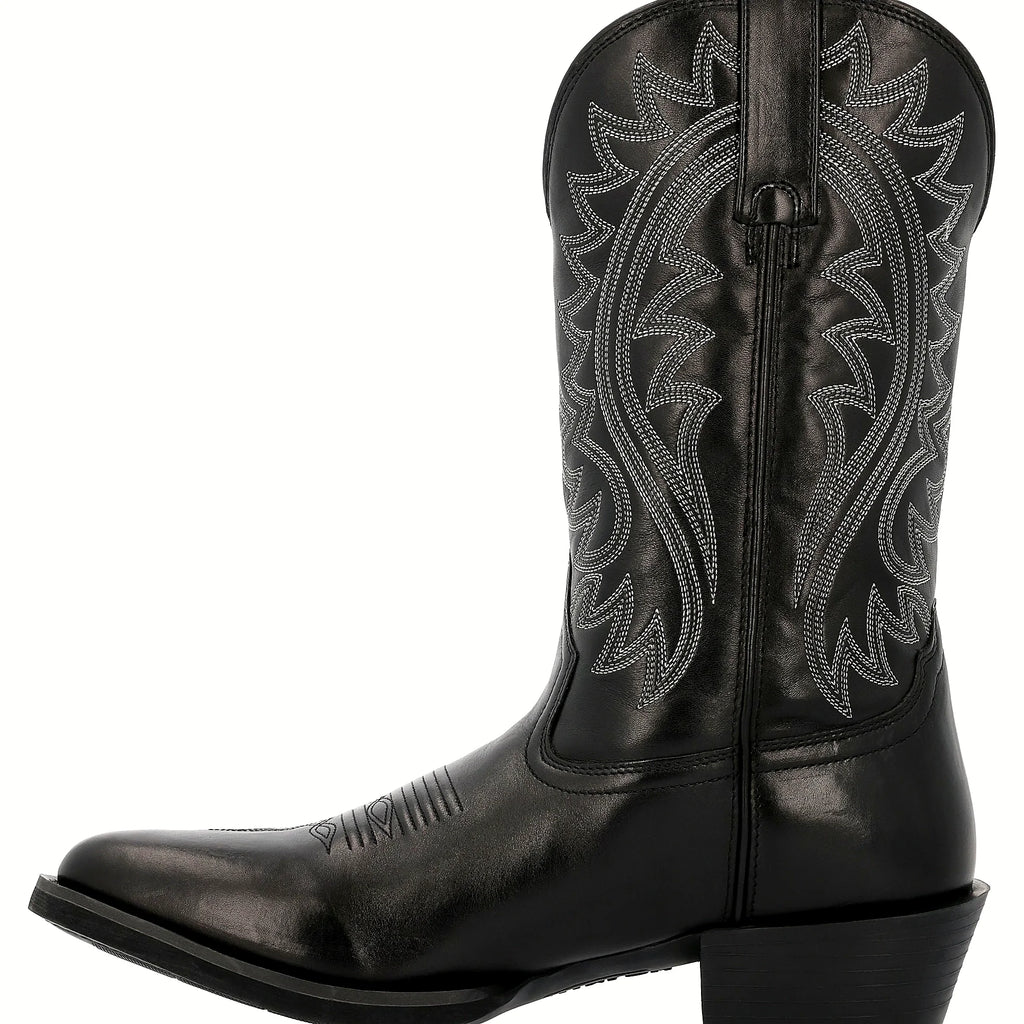 Black round toe western boot with a welted sole
