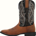 Brown square toe western boot with a rocker heel