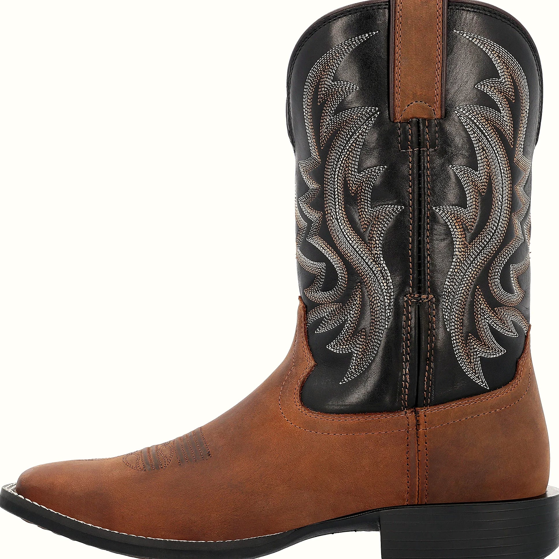 Brown square toe western boot with a rocker heel