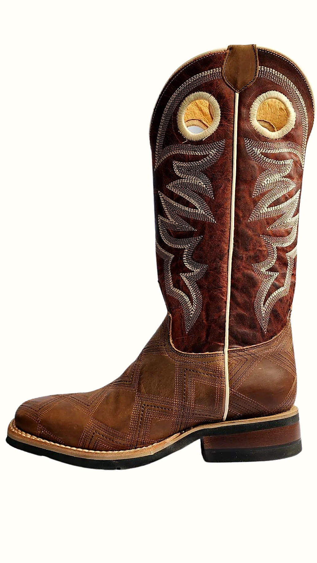 Square toe roper boot with a stitched shaft