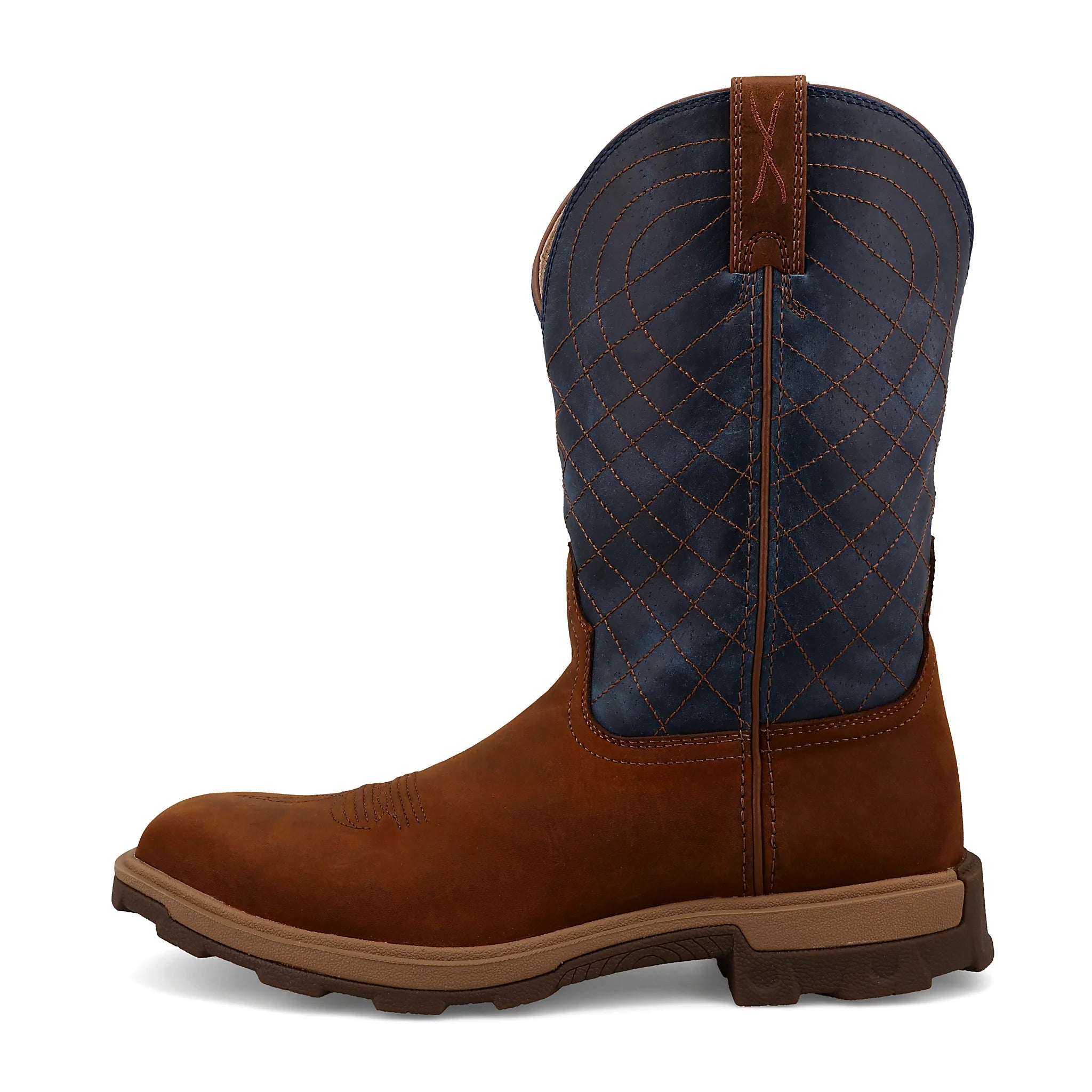 Mocha and denim lightweight work boot with a nano toe