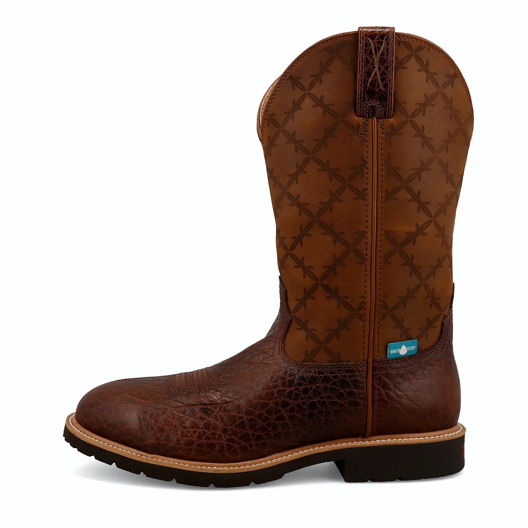 Brown work boot with a laser-etched barbed wire shaft